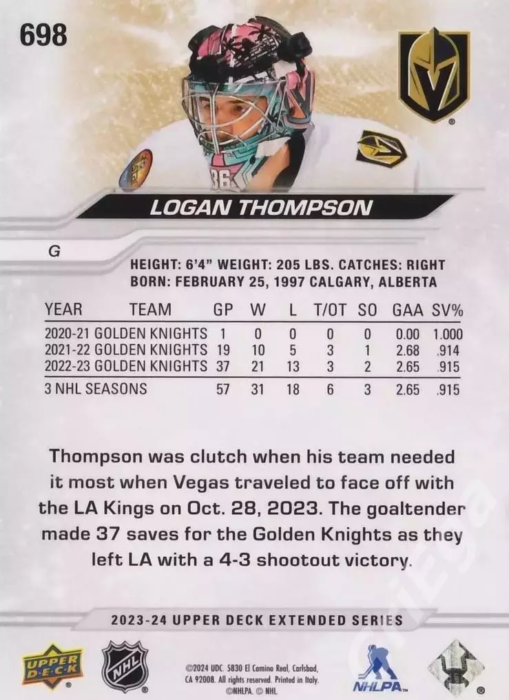 2023-24 Upper Deck Hockey #698 Logan Thompson (Vegas Golden Knights) 1