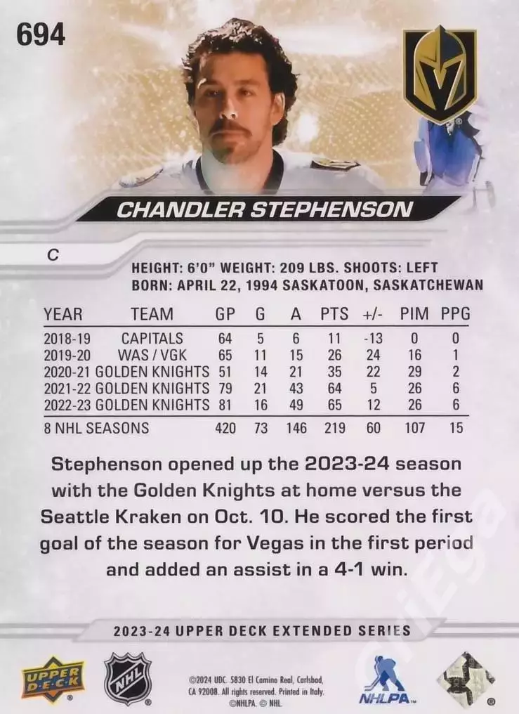 2023-24 Upper Deck Hockey #694 Chandler Stephenson (Vegas Golden Knights) 1