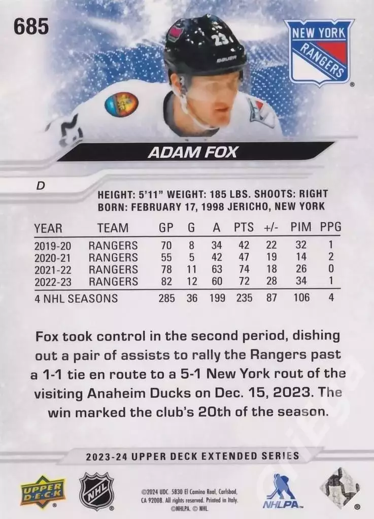 2023-24 Upper Deck Hockey #685 Adam Fox (New York Rangers) 1