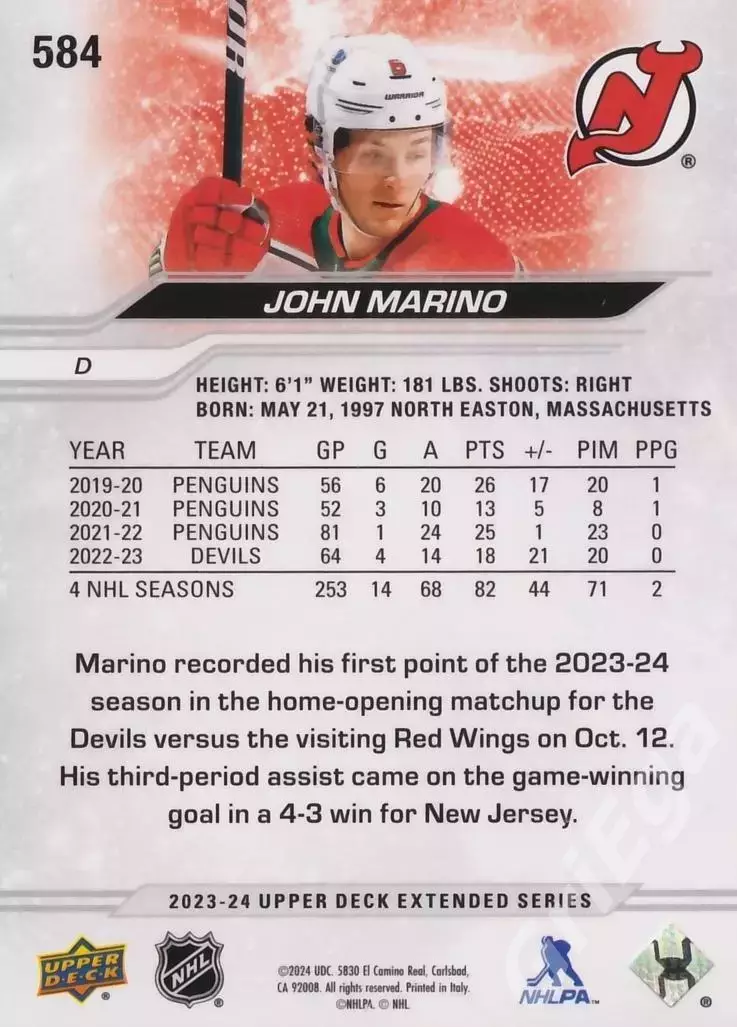 2023-24 Upper Deck Hockey #584 John Marino (New Jersey Devils) 1