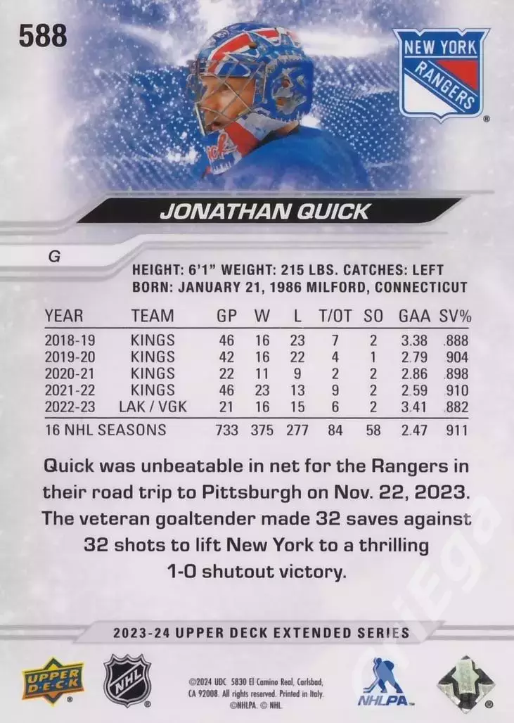 2023-24 Upper Deck Hockey #588 Jonathan Quick (New York Rangers) 1