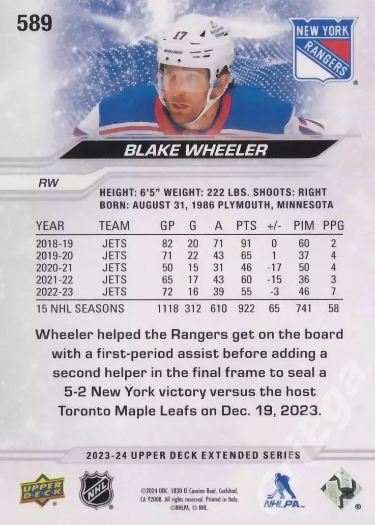 2023-24 Upper Deck Hockey #589 Blake Wheeler (New York Rangers) 1