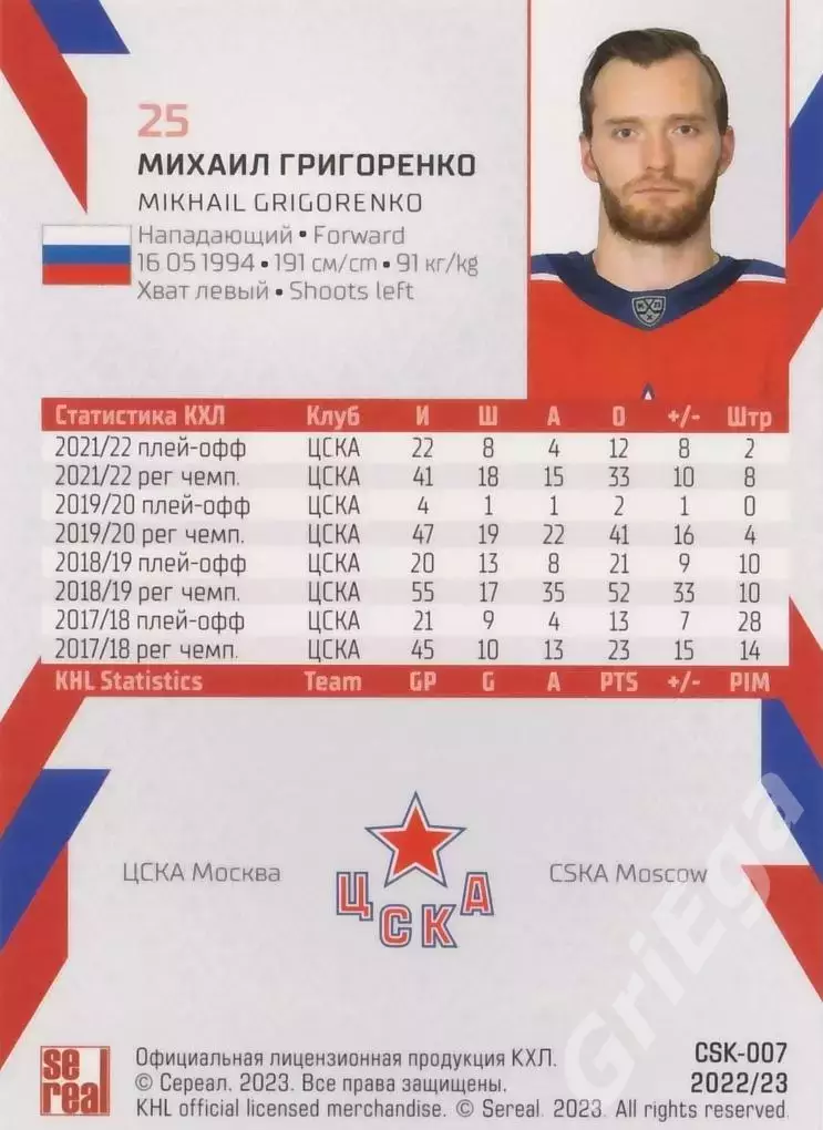2022-23 SeReal КХЛ Михаил Григоренко (ЦСКА Москва) 1