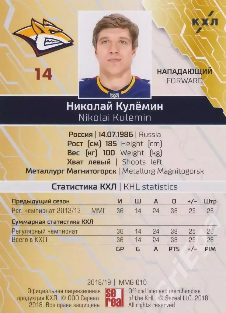 2018-19 SeReal КХЛ Николай Кулёмин MMG-010p (Металлург Магнитогорск) 1
