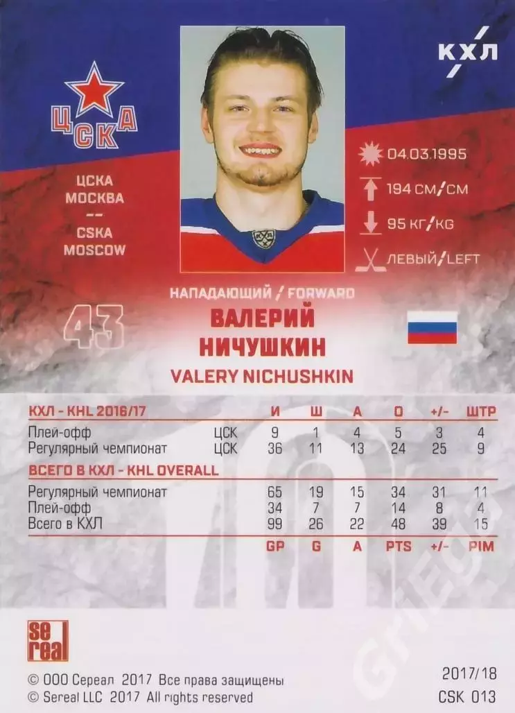 2017-18 SeReal КХЛ Валерий Ничушкин (ЦСКА Москва) 1