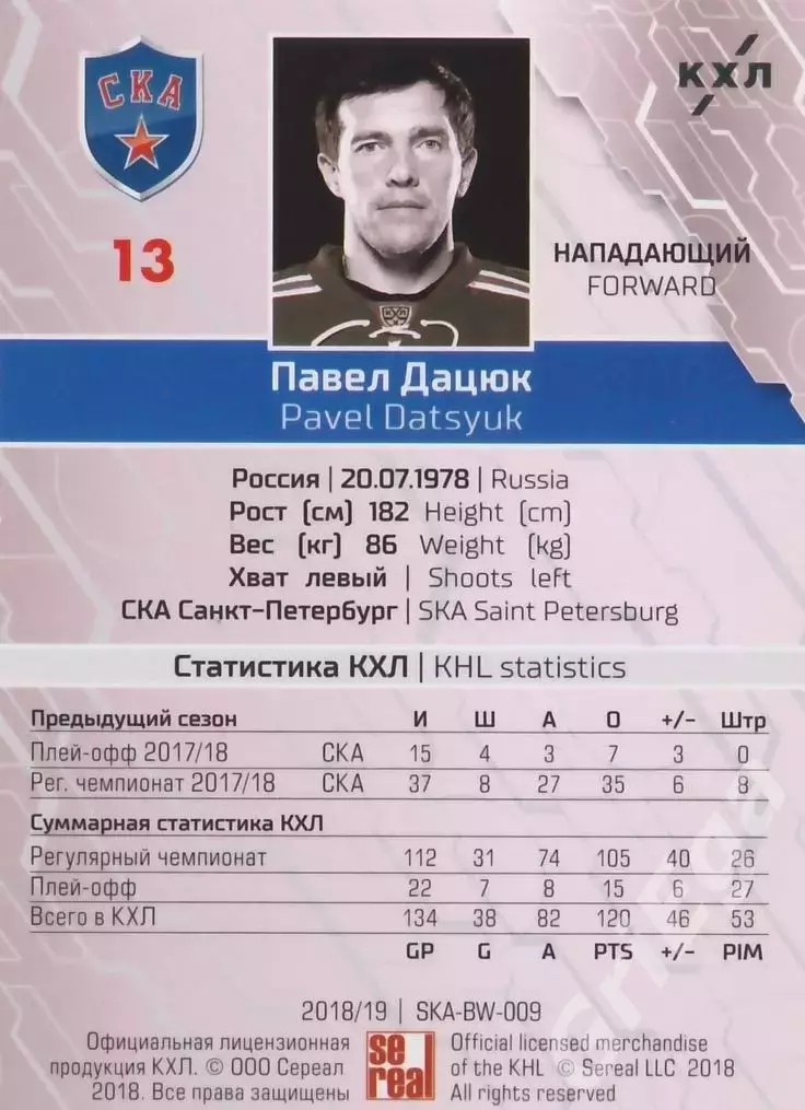 2018-19 SeReal КХЛ Павел Дацюк (СКА Санкт-Петербург) 1
