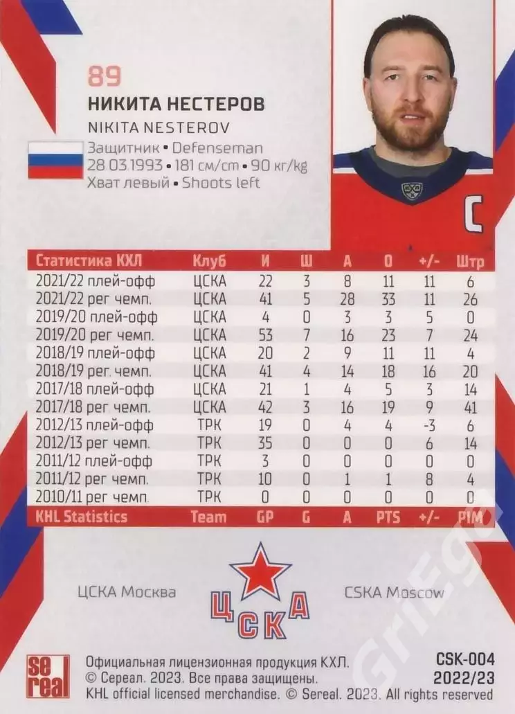 Никита Нестеров 2022-23 SeReal КХЛ (ЦСКА Москва) 1