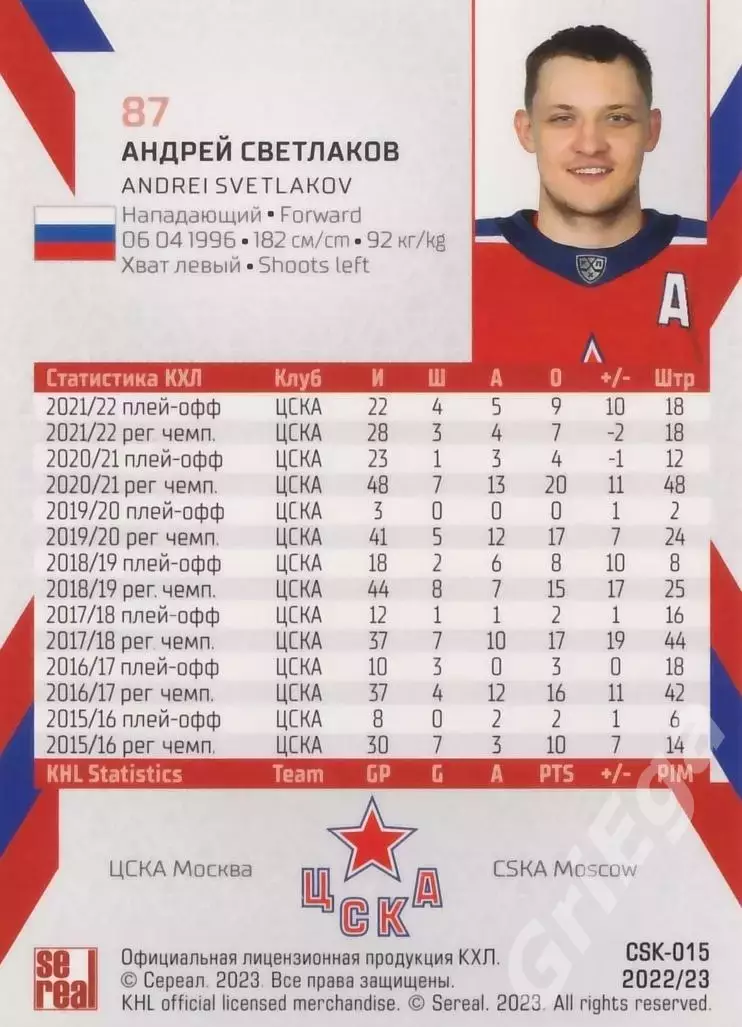 Андрей Светлаков 2022-23 SeReal КХЛ (ЦСКА Москва) 1