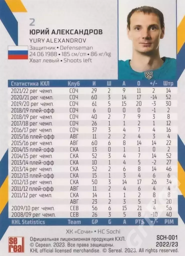 Юрий Александров 2022-23 SeReal Карточки КХЛ (ХК Сочи) 1