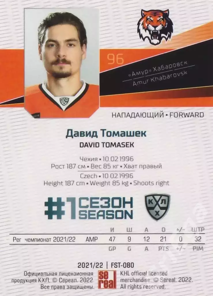 Хоккей. Давид Томашек 2021-22 SeReal Карточки КХЛ (Амур Хабаровск) 1