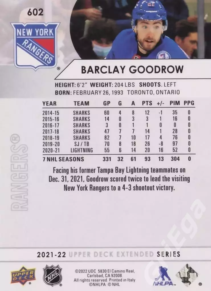 2021-22 Upper Deck Hockey #602 Barclay Goodrow (New York Rangers) 1
