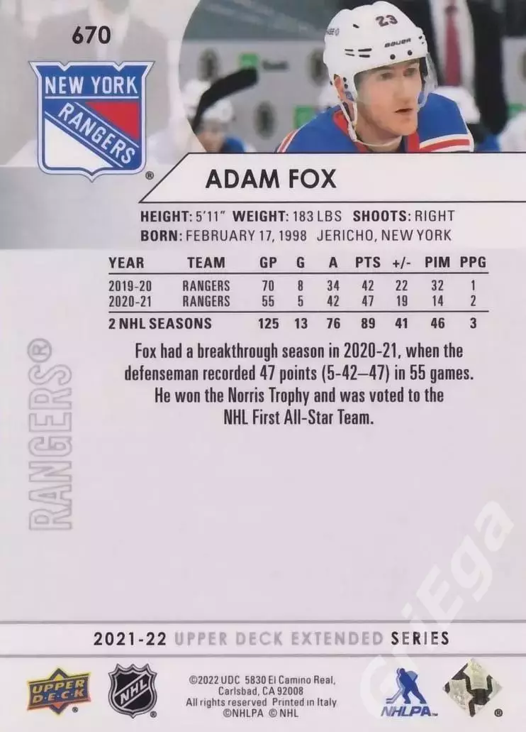 2021-22 Upper Deck Hockey #670 Adam Fox (New York Rangers) 1