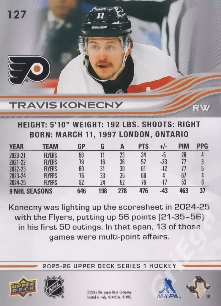 2025-26 Upper Deck Hockey #127 Travis Konecny (Philadelphia Flyers) 1