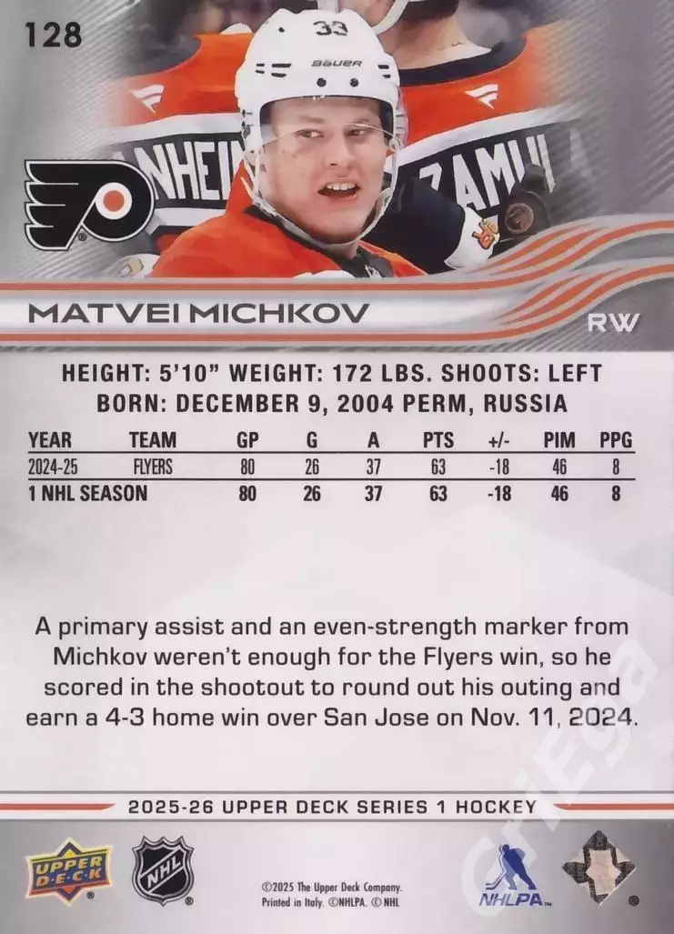 Матвей Мичков 2025-26 Upper Deck Hockey #128 (Philadelphia Flyers) 1