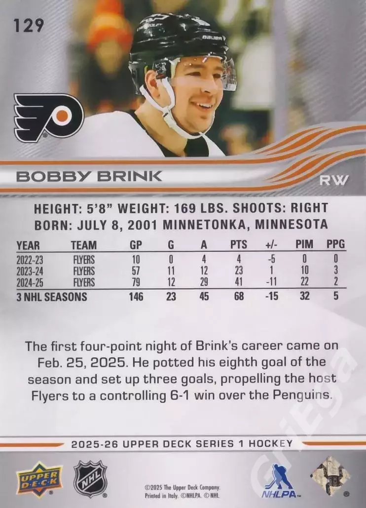 2025-26 Upper Deck Hockey #129 Bobby Brink (Philadelphia Flyers) 1