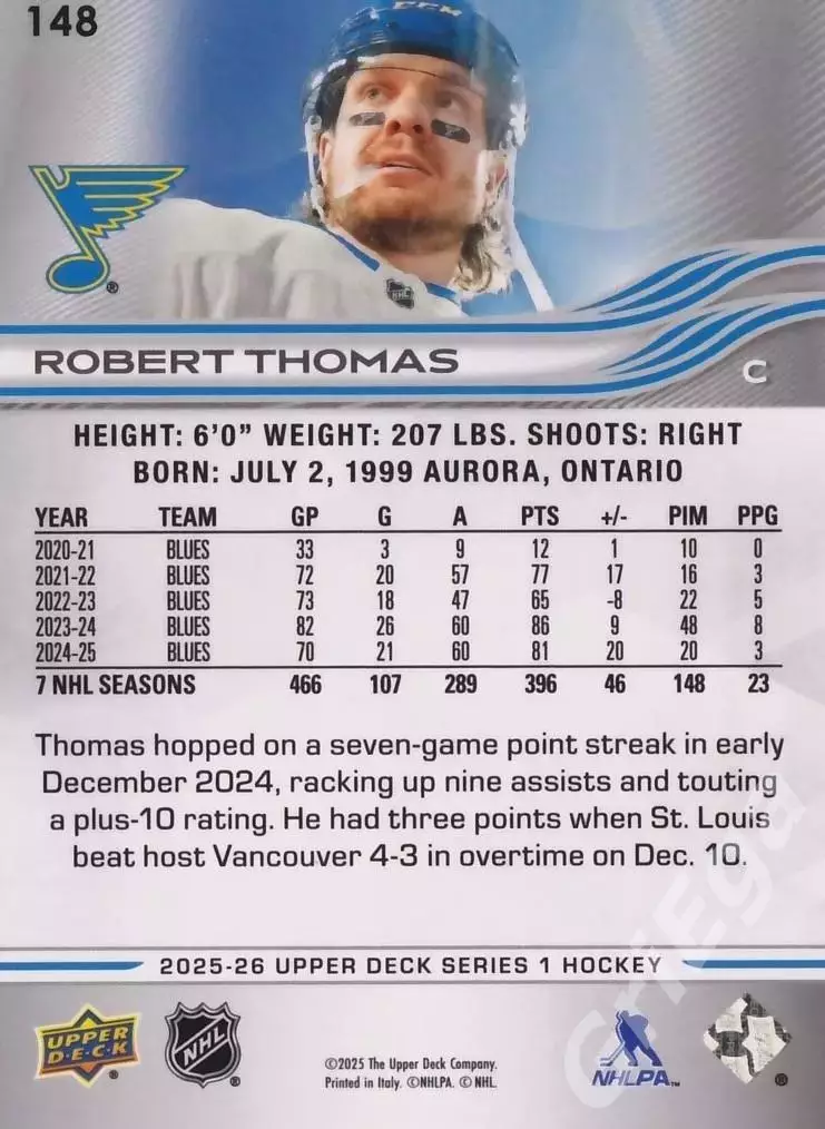 2025-26 Upper Deck Hockey #148 Robert Thomas (St. Louis Blues) 1