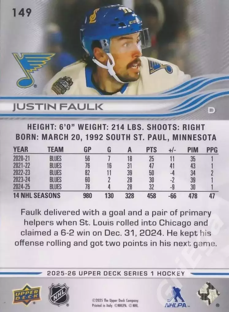 2025-26 Upper Deck Hockey #149 Justin Faulk (St. Louis Blues) 1
