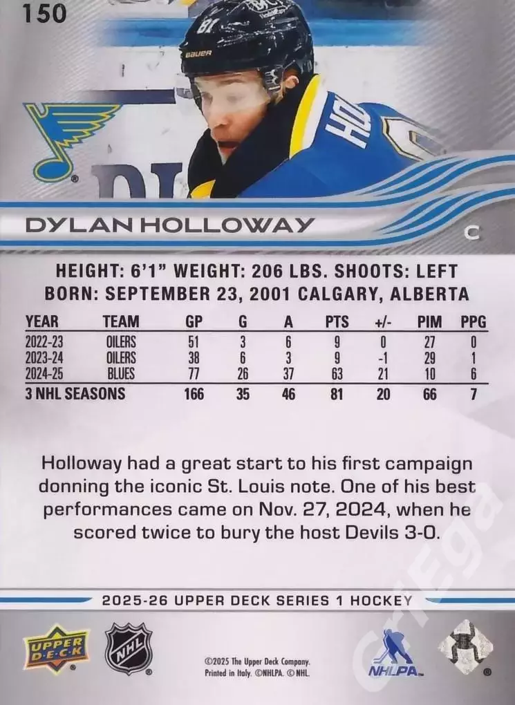 2025-26 Upper Deck Hockey #150 Dylan Holloway (St. Louis Blues) 1