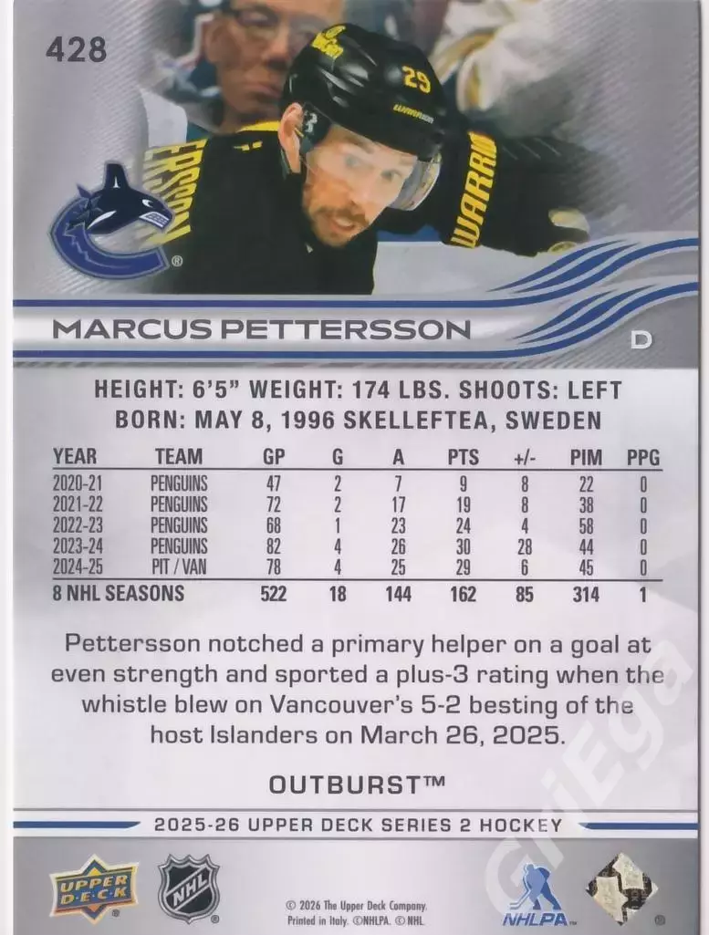 Marcus Pettersson Карточка 2025-26 Upper Deck Hockey #428 (Vancouver Canucks) 1