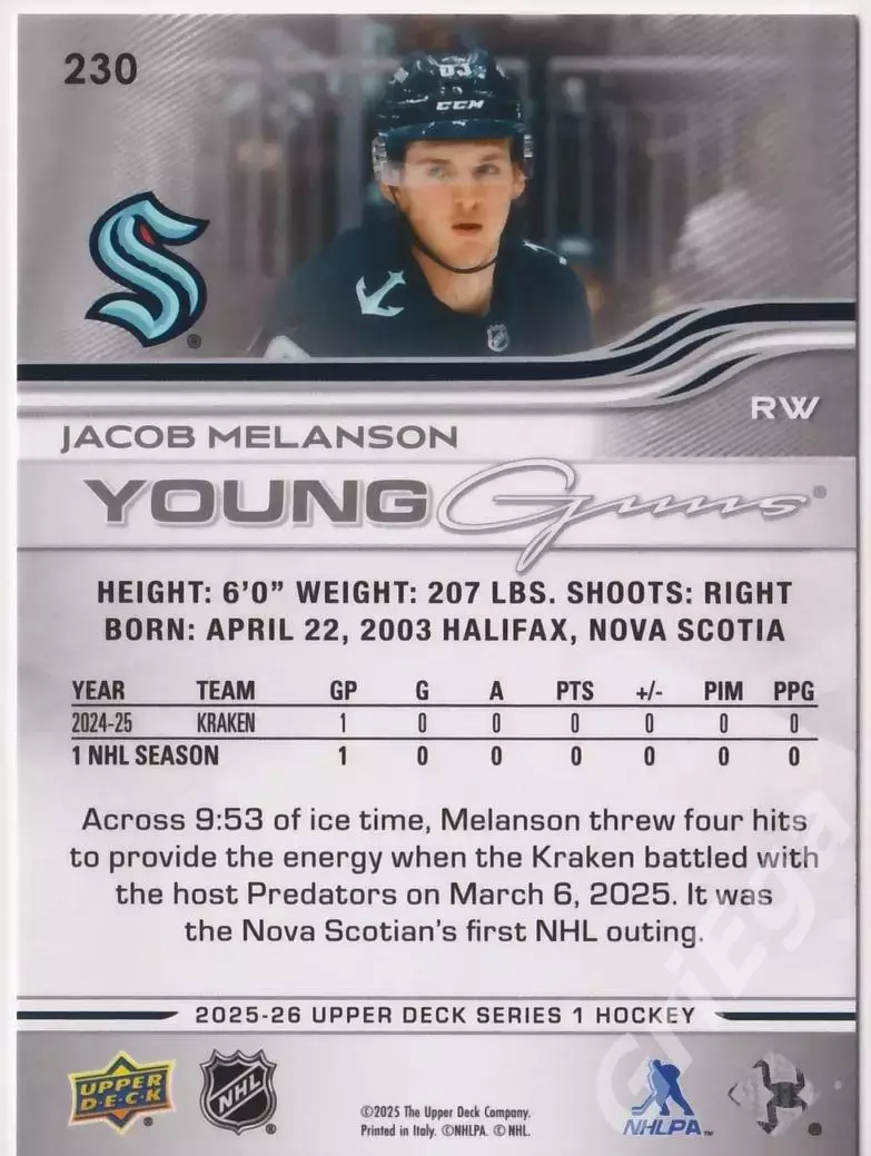 Young Guns #230 Jacob Melanson 2025-26 Upper Deck Hockey (Seattle Kraken) 1