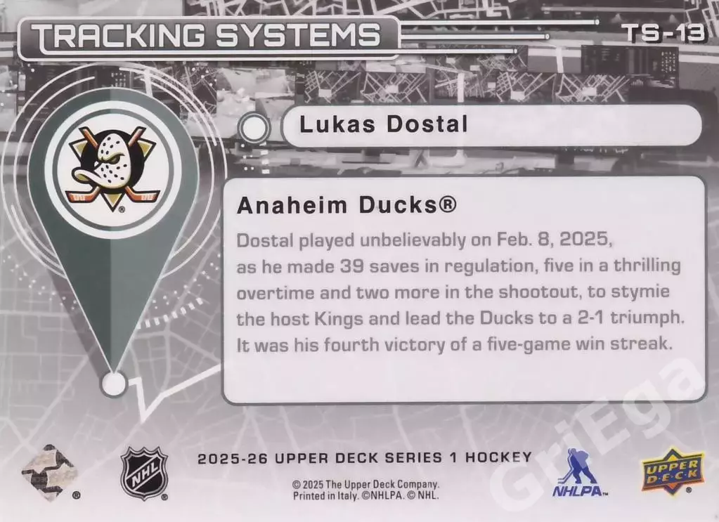 Карточка Lukas Dostal 2025-26 Upper Deck Hockey (Anaheim Ducks) 1