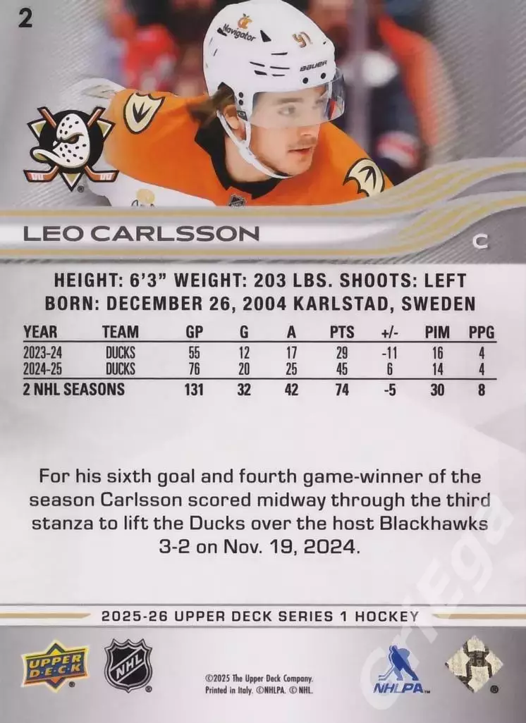 2025-26 Upper Deck Hockey #2 Leo Carlsson (Anaheim Ducks) 1