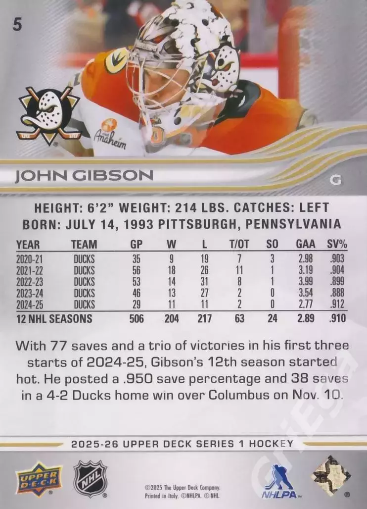 2025-26 Upper Deck Hockey #5 John Gibson (Anaheim Ducks) 1