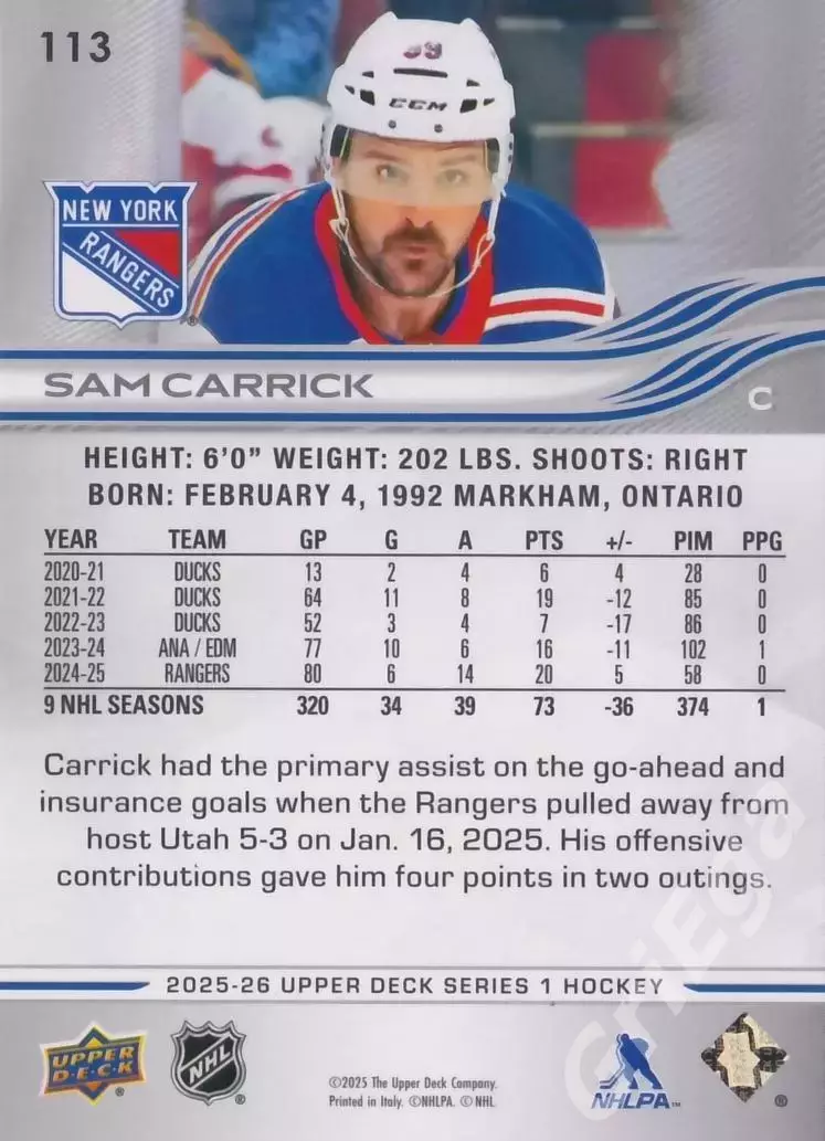 2025-26 Upper Deck Hockey #113 Sam Carrick (New York Rangers) 1