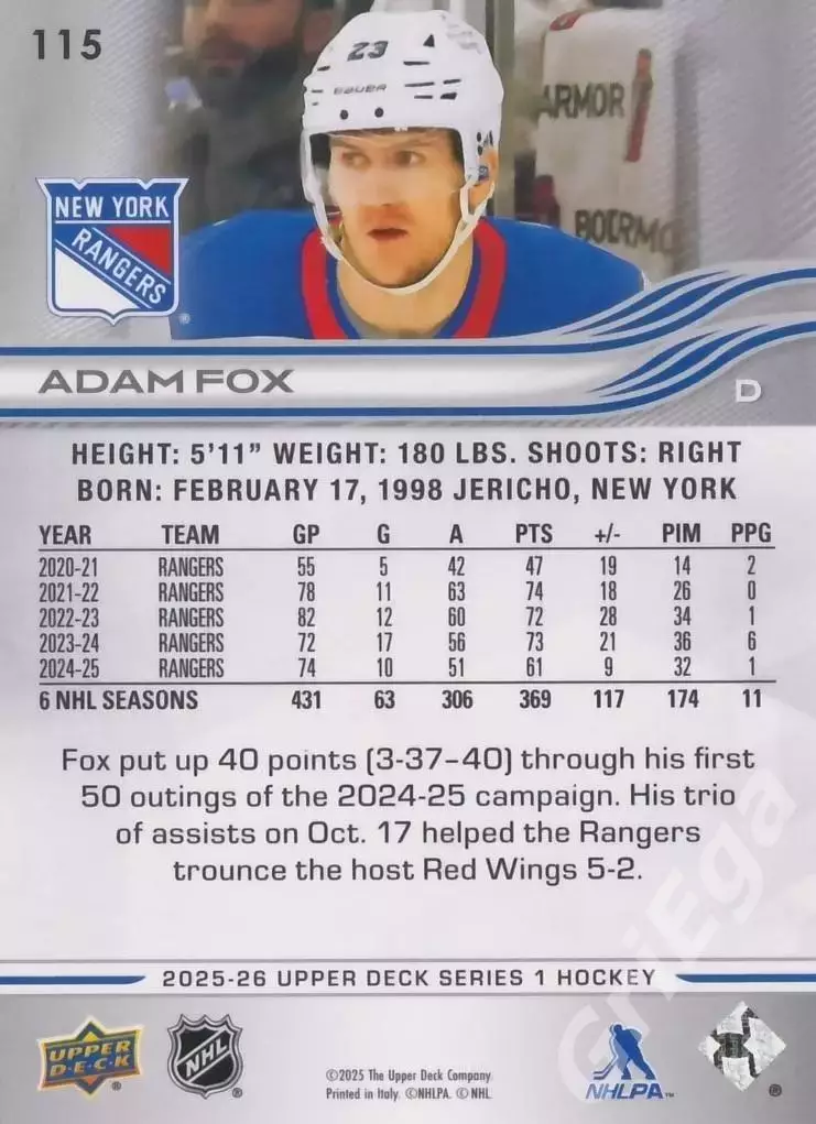 2025-26 Upper Deck Hockey #115 Adam Fox (New York Rangers) 1