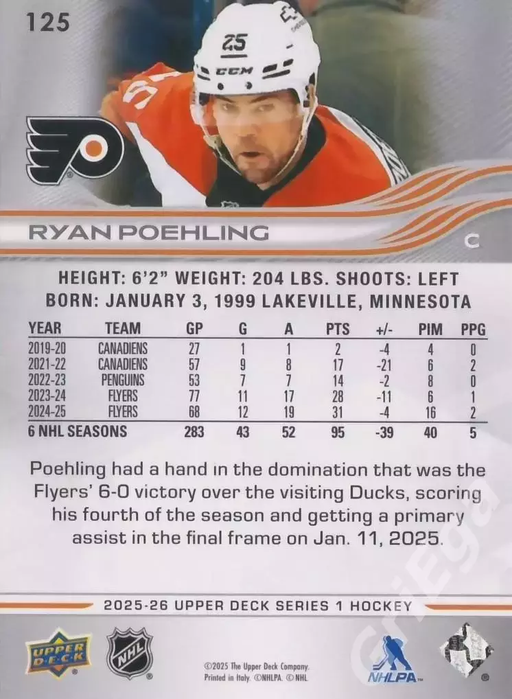 2025-26 Upper Deck Hockey #125 Ryan Poehling (Philadelphia Flyers) 1