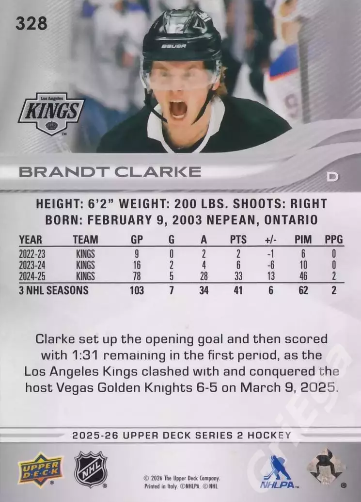 2025-26 Upper Deck Hockey #328 Brandt Clarke (Los Angeles Kings) 1