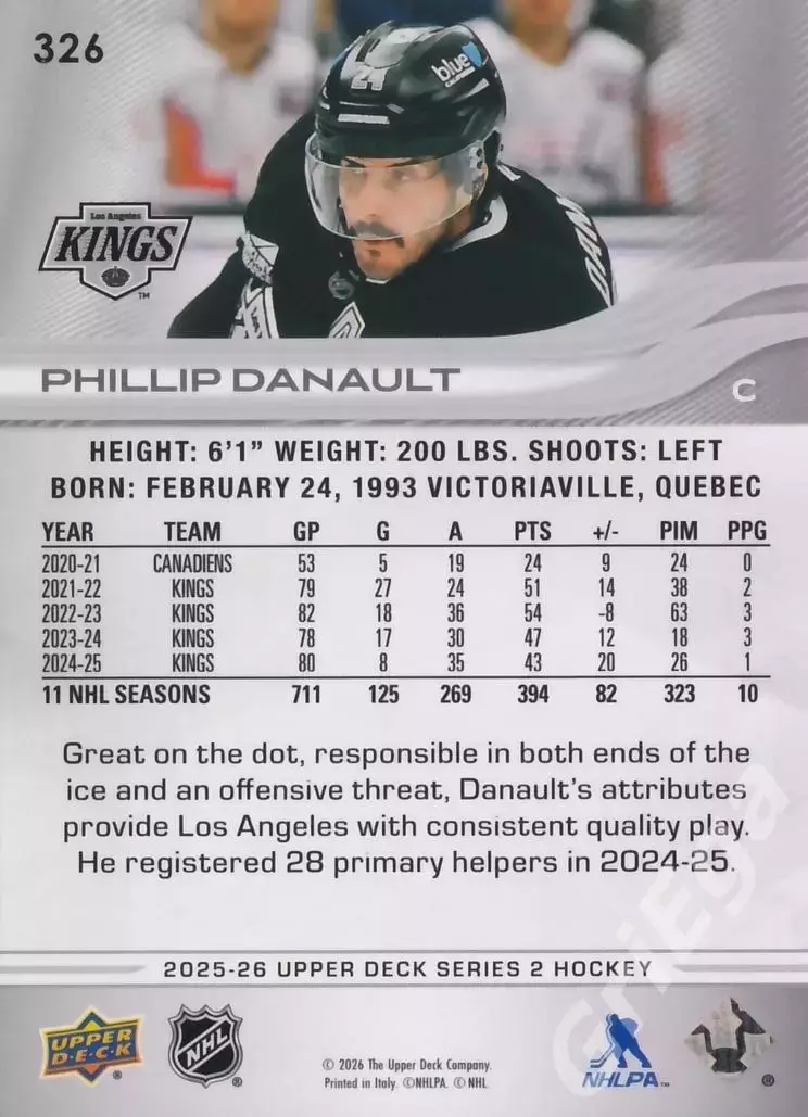 2025-26 Upper Deck Hockey #326 Phillip Danault (Los Angeles Kings) 1