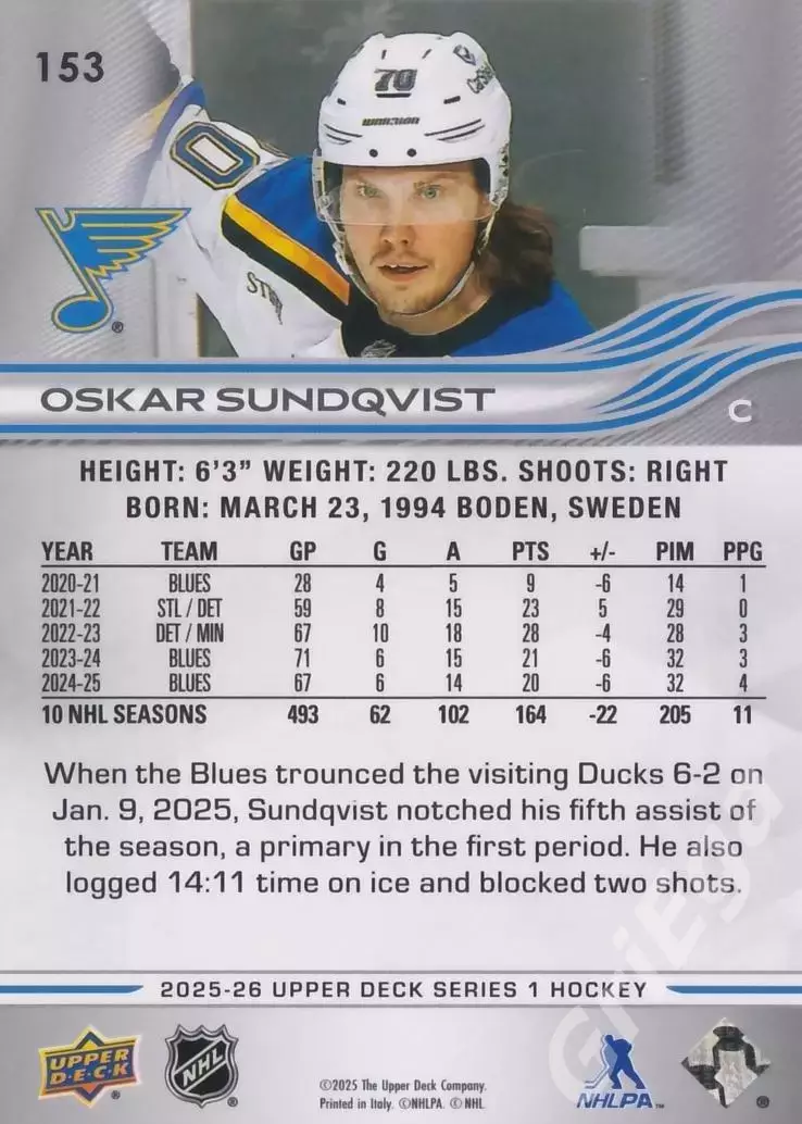 2025-26 Upper Deck Hockey #153 Oskar Sundqvist (St. Louis Blues) 1