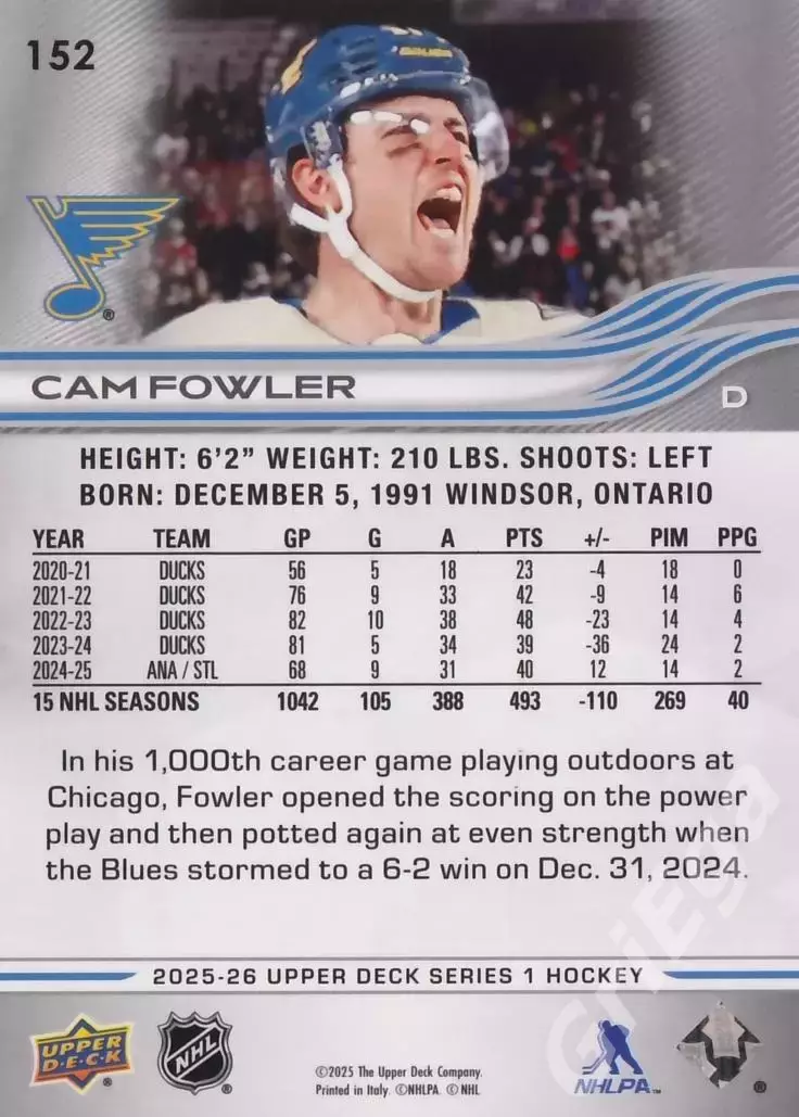 2025-26 Upper Deck Hockey #152 Cam Fowler (St. Louis Blues) 1