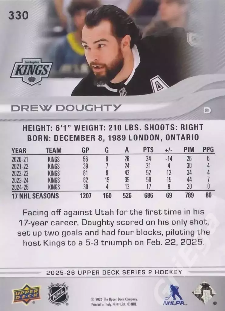 2025-26 Upper Deck Hockey #330 Drew Doughty (Los Angeles Kings) 1