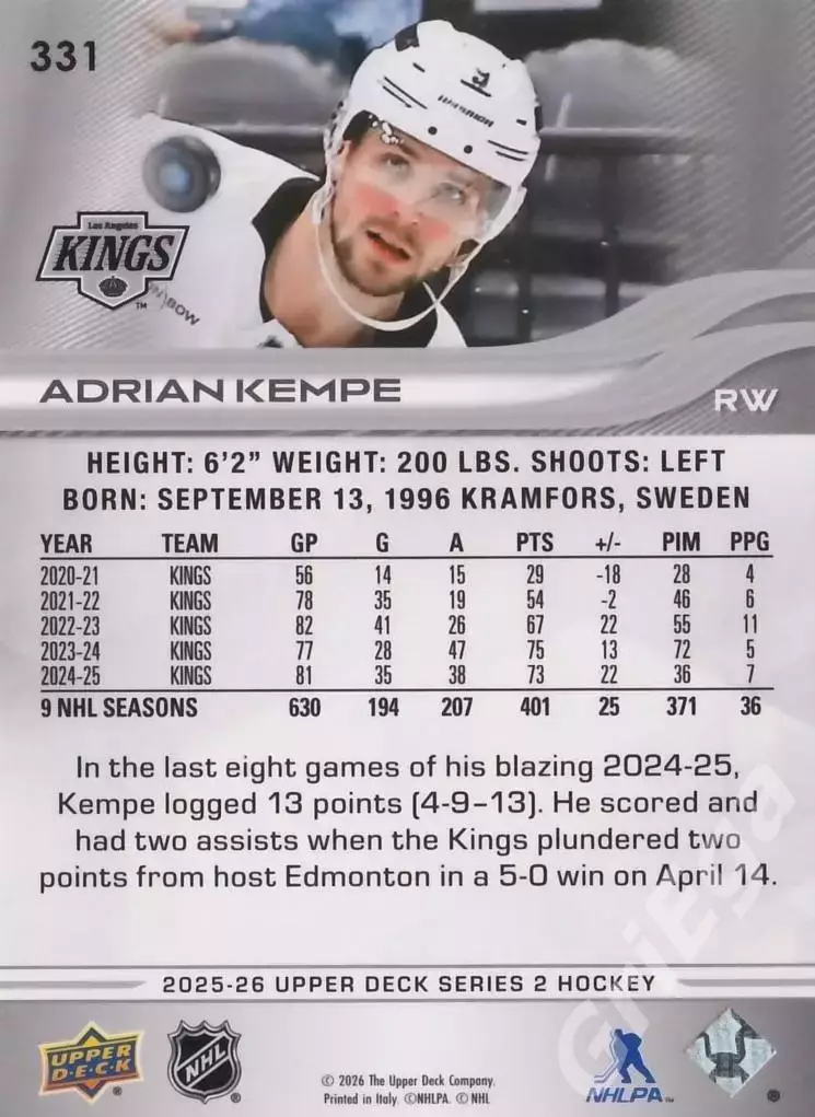 2025-26 Upper Deck Hockey #331 Adrian Kempe (Los Angeles Kings) 1