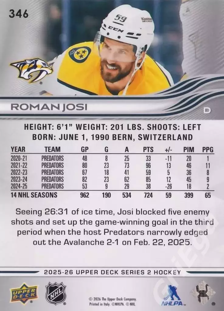 2025-26 Upper Deck Hockey #346 Roman Josi (Nashville Predators) 1