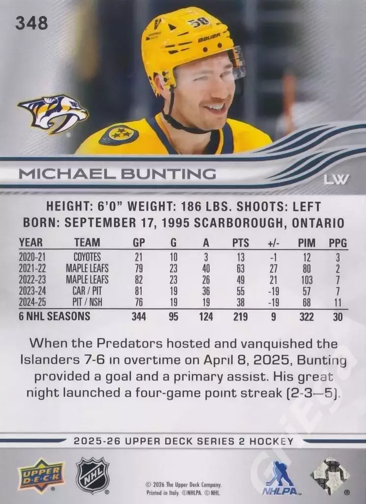 2025-26 Upper Deck Hockey #348 Michael Bunting (Nashville Predators) 1
