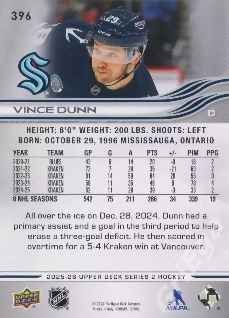 2025-26 Upper Deck Hockey #396 Vince Dunn (Seattle Kraken) 1
