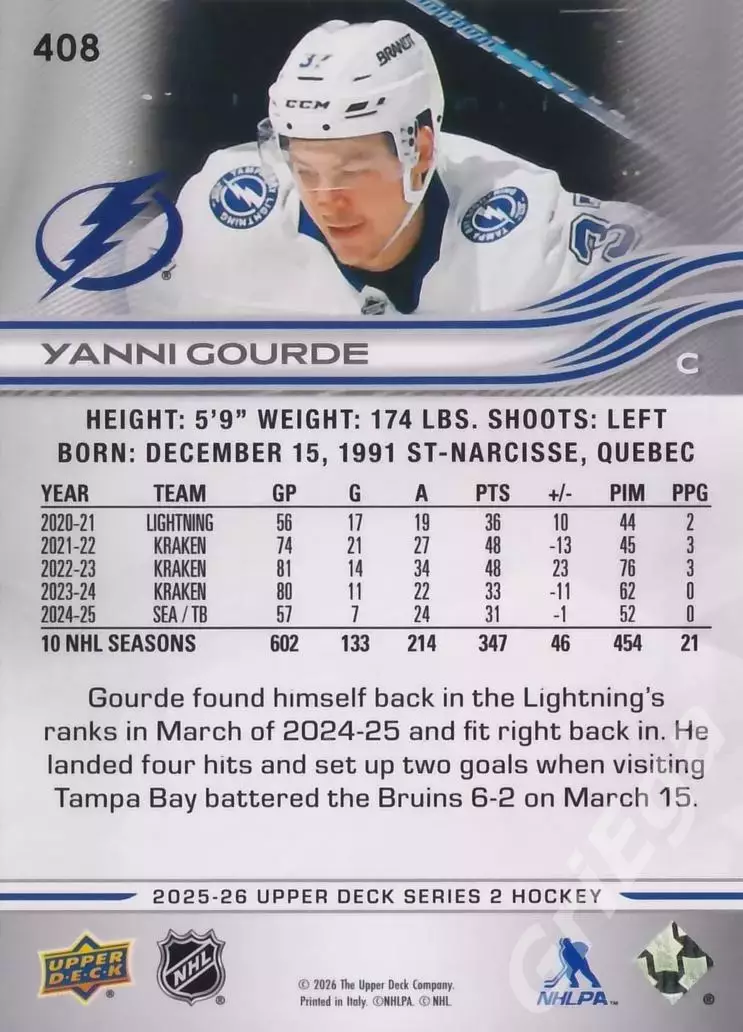2025-26 Upper Deck Hockey #408 Yanni Gourde (Tampa Bay Lightning) 1