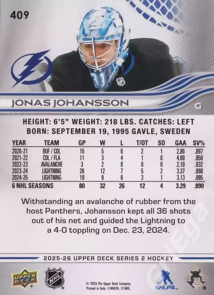 2025-26 Upper Deck Hockey #409 Jonas Johansson (Tampa Bay Lightning) 1