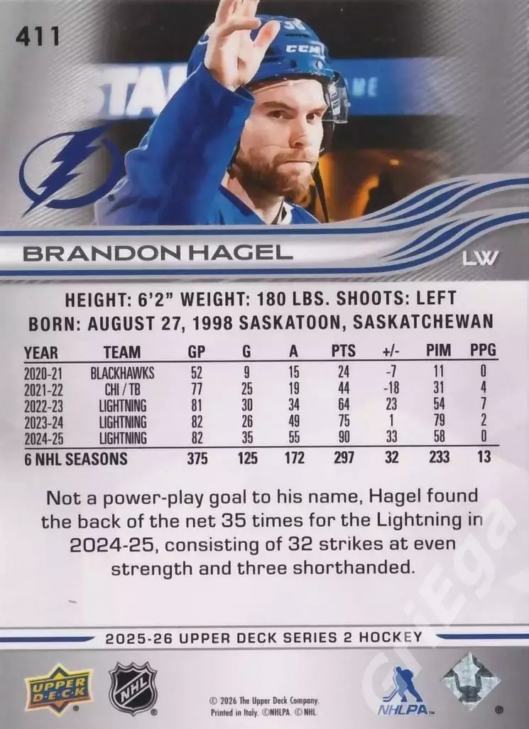 2025-26 Upper Deck Hockey #411 Brandon Hagel (Tampa Bay Lightning) 1