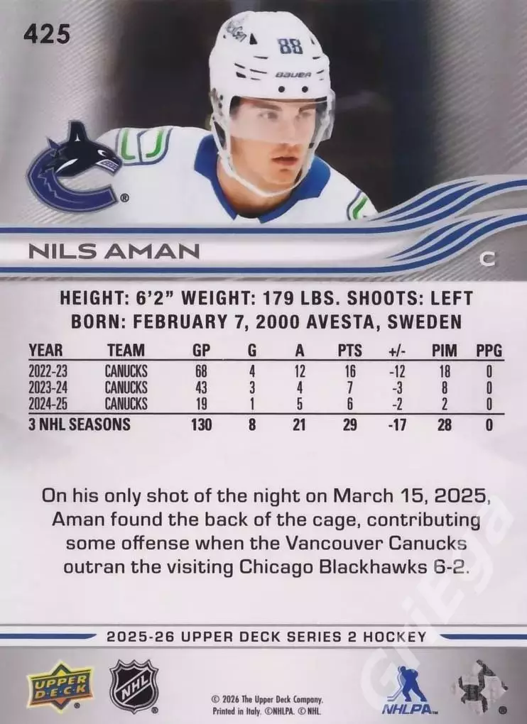 2025-26 Upper Deck Hockey #425 Nils Aman (Vancouver Canucks) 1