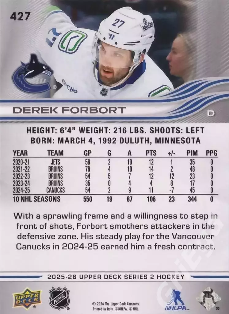 2025-26 Upper Deck Hockey #427 Derek Forbort (Vancouver Canucks) 1