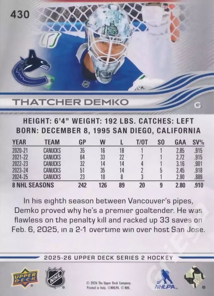 2025-26 Upper Deck Hockey #430 Thatcher Demko (Vancouver Canucks) 1