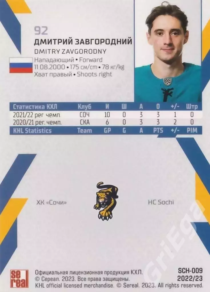 Дмитрий Завгородний 2022-23 SeReal Карточки КХЛ (ХК Сочи) 1
