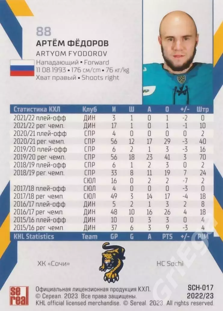 Артём Фёдоров 2022-23 SeReal Карточки КХЛ (ХК Сочи) 1