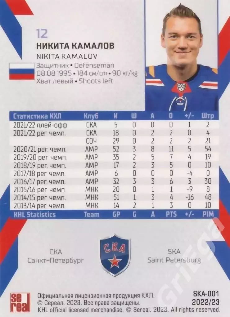 Хоккей. Карточка Никита Камалов (СКА Санкт-Петербург) КХЛ сезон 2022/23 1