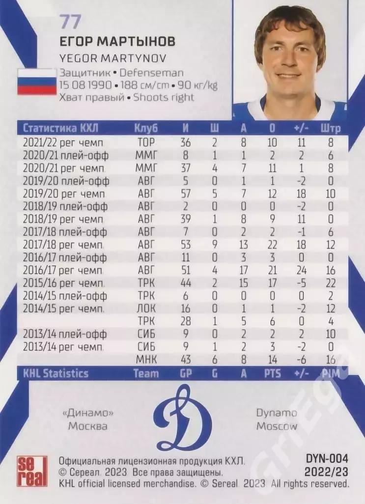 Хоккей. Карточка Егор Мартынов (Динамо Москва) 2022-23 SeReal КХЛ 1