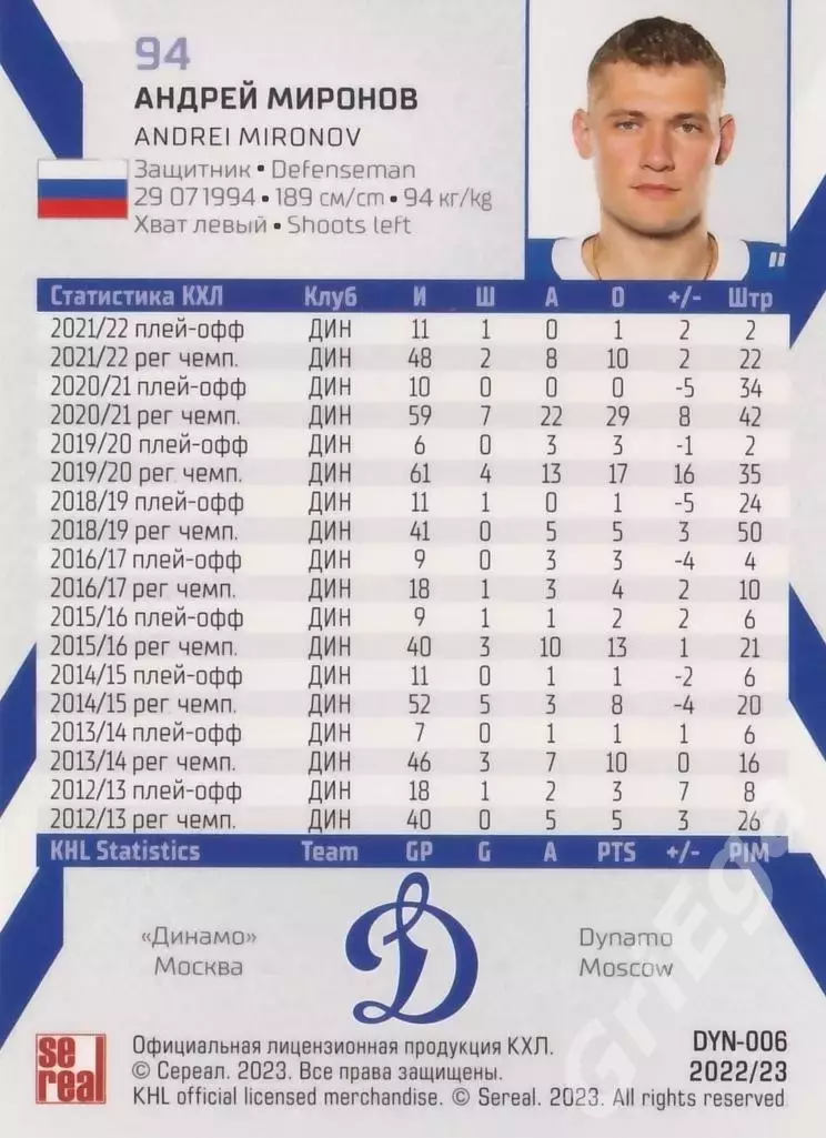 Хоккей. Карточка Андрей Миронов (Динамо Москва) 2022-23 SeReal КХЛ 1
